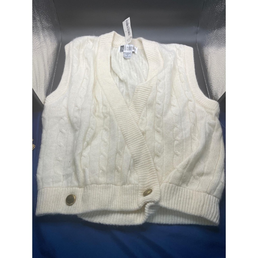SK & Company Lambswool Angora Cable Knit Sweater Vest Winter White Vintage Small